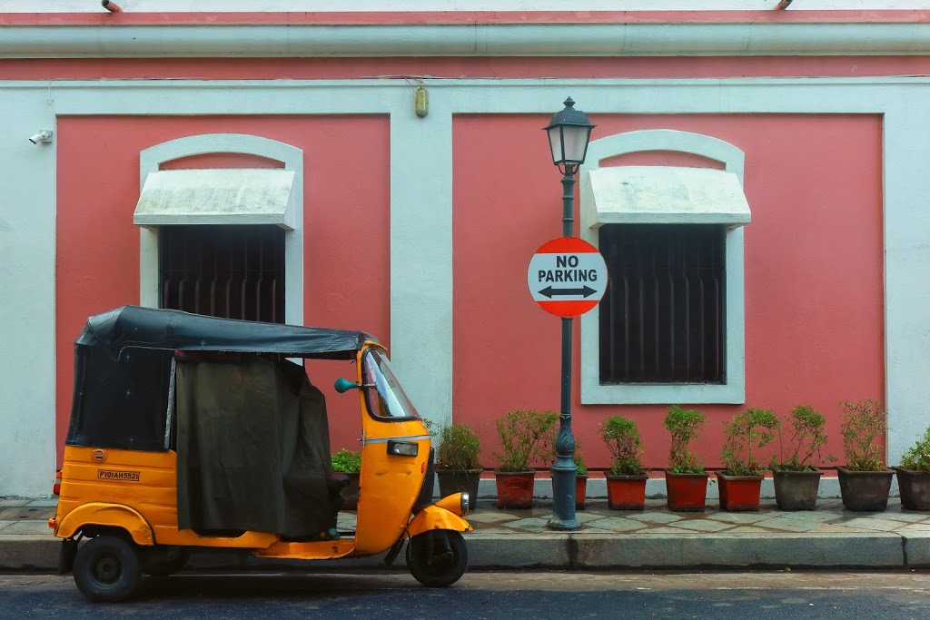 An image of an auto-rickshaw which is the commonest mode of public transport in White Town in Pondicherry.