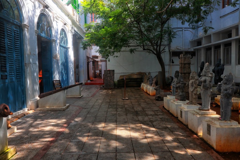 The outside courtyard of Pondicherry Museum where sculpture several statues of Hindu Gods and Goddesses are kept.