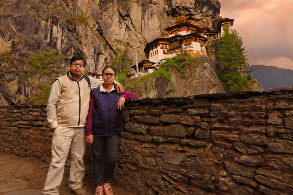 An image of us together with beautiful Tiger's Nest Monastery in background, while we were returning from the monastery.