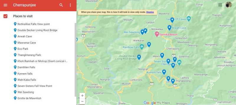 Google Map of places to visit in Cherrapunjee
