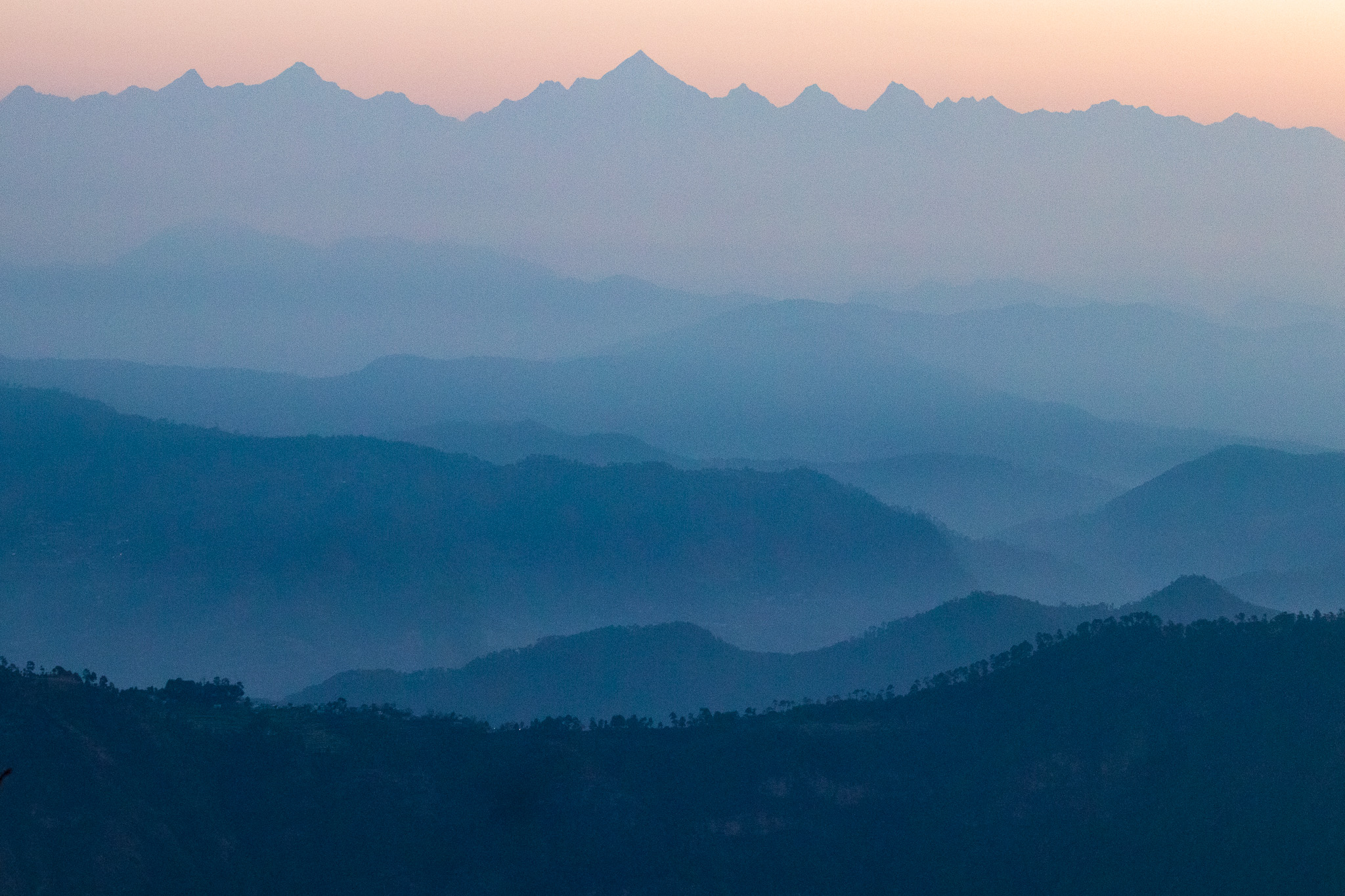 View of Himalayas just before sunrise from Binsar in Uttarakhand